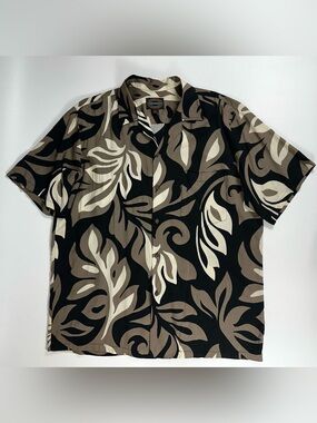 Hawaiian Reserve Collection Mens Large Black Leaf Aloha Shirt Rayon Made Hawaii